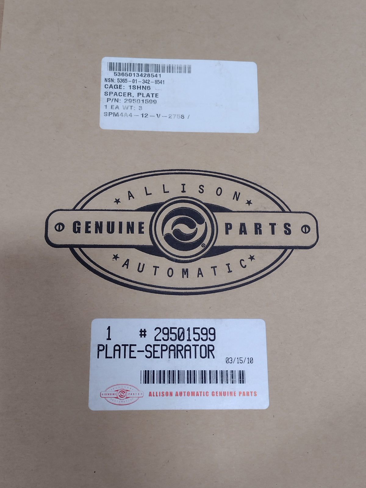 Allison Transmission Inc 29501599 Spacer, Plate - NSN 5365-01-342-8541 - inventory label
