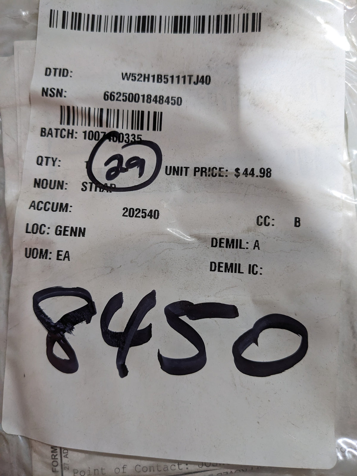 Northrop Grumman Systems Corporation 247946-0002 Strap - NSN 6625-00-184-8450 - inventory label