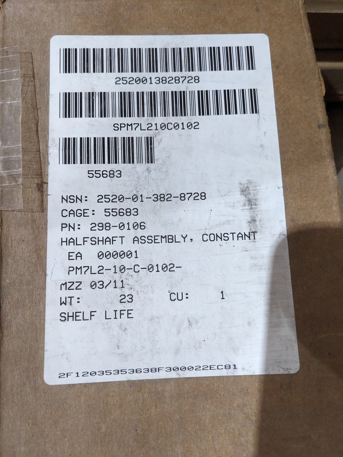 GKN Driveline North America 298-0106 Parts Kit, Constant Velocity Drive Shaft - NSN 2520-01-382-8728 - inventory label