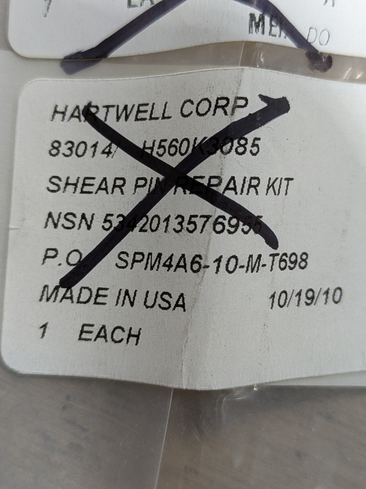 Hartwell Corporation H560K3085 Repair Kit, Shear Pin - NSN 5342-01-357-6955 - inventory label