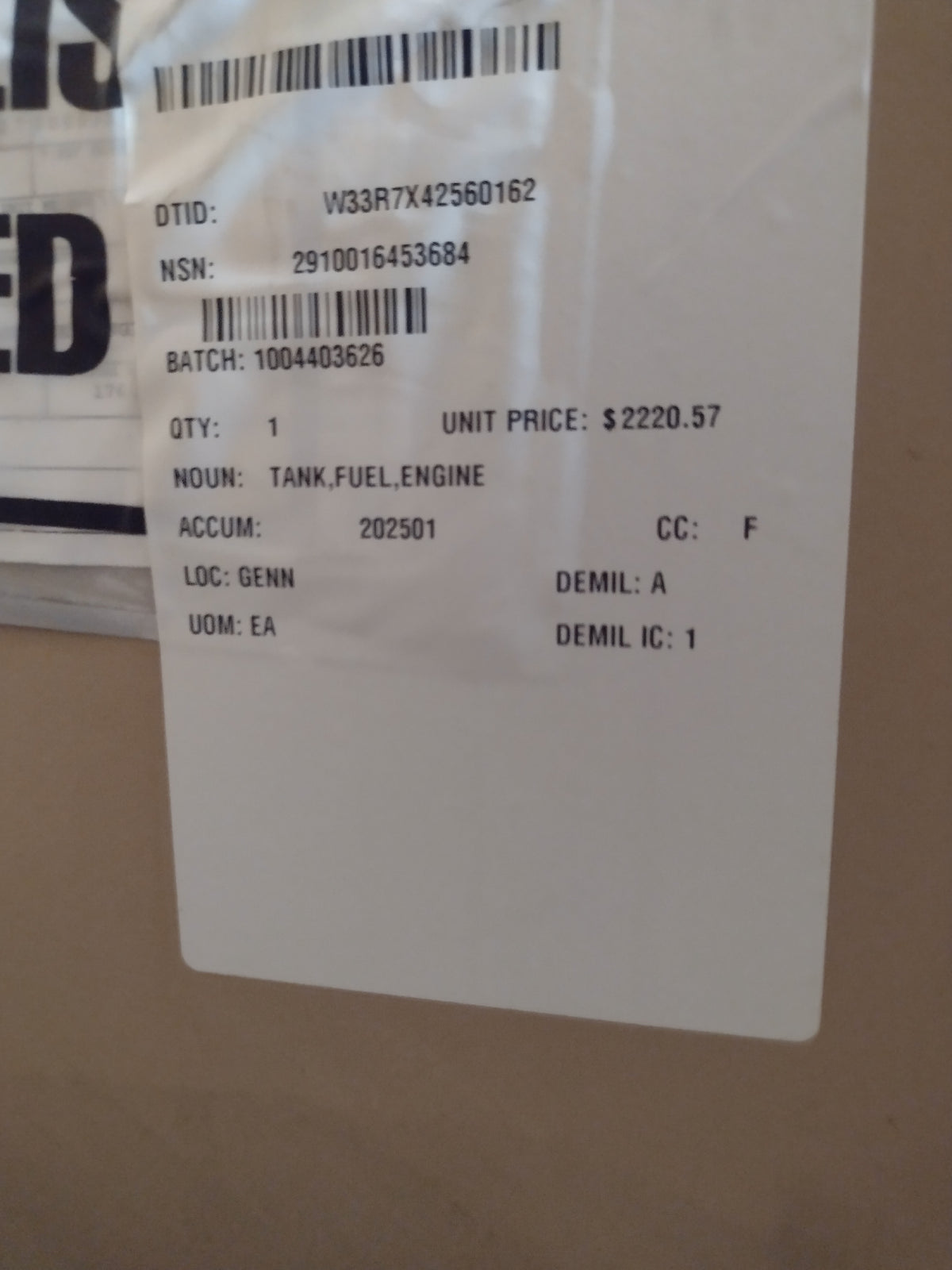 U S Army Tank Automotive Command 12562989 Engine Fuel Tank - NSN 2910-01-645-3684 - inventory label