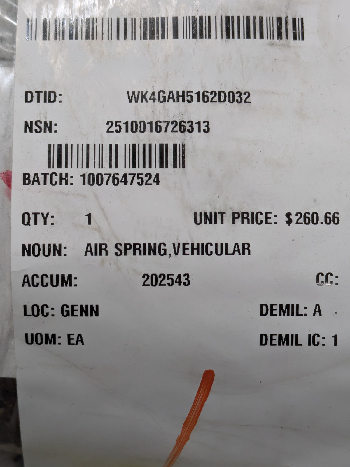 Stemco Inc 1R12-580 Air Spring, Vehicular - NSN 2510-01-672-6313 - inventory label