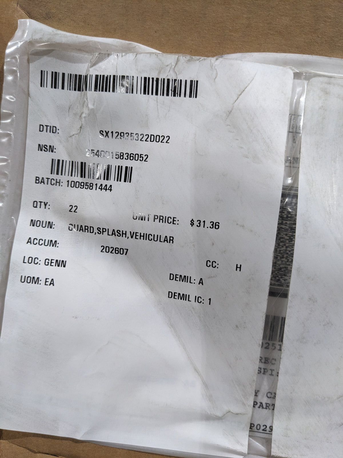 Oshkosh Defense LLC 3873506 Splash Guard - NSN 2540-01-583-6052 - inventory label
