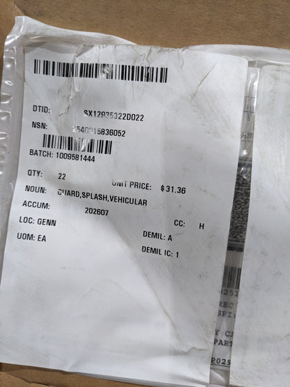 Oshkosh Defense LLC 3873506 Splash Guard - NSN 2540-01-583-6052 - inventory label