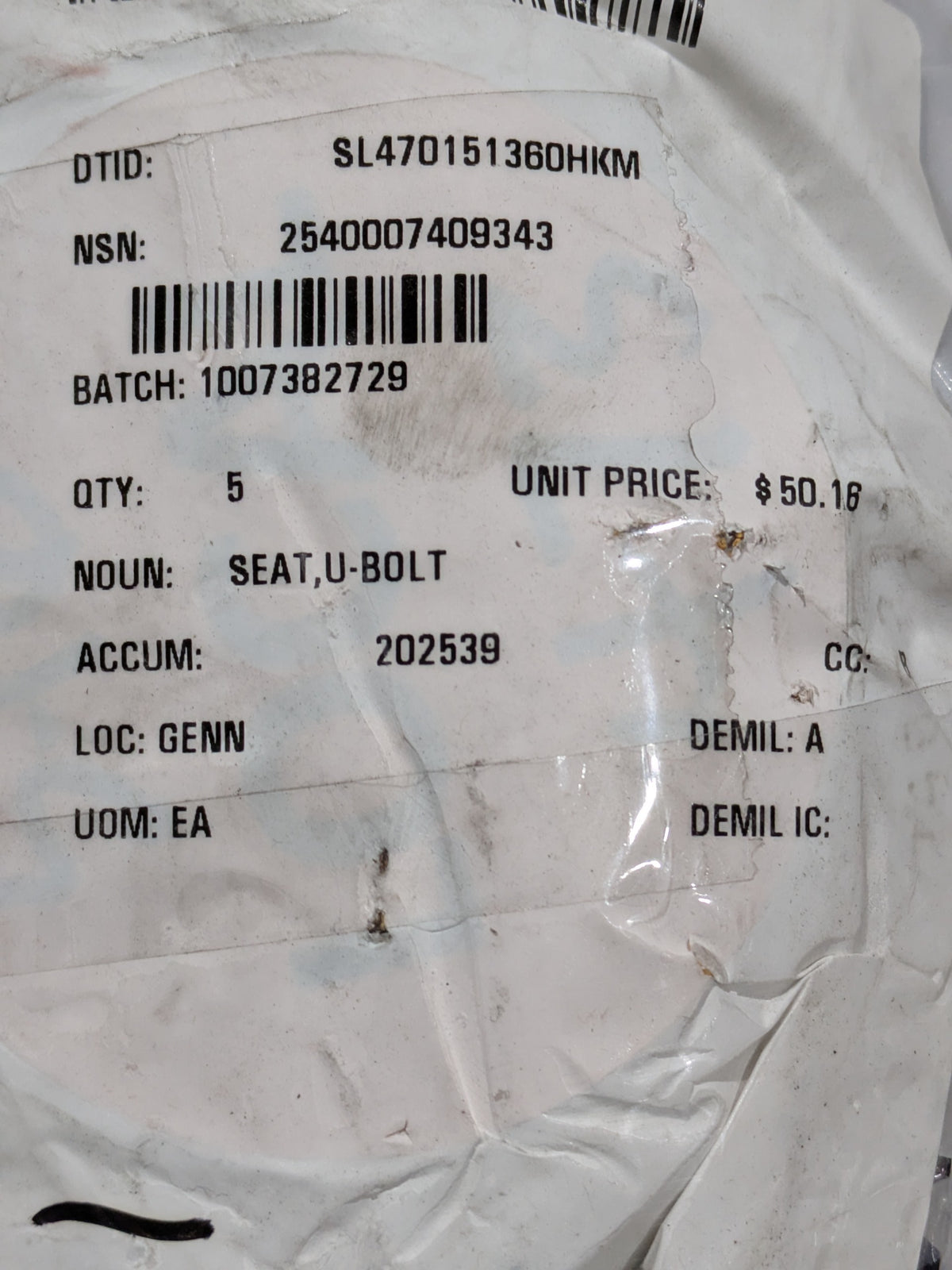 U.S. Army Tank-Automotive Command 7409343 U-Bolt Seat - NSN 2540-00-740-9343 - inventory label