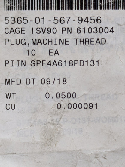 Womack Machine Supply Co 6103004 Machine Thread Plug - NSN 5365-01-567-9456 - inventory label