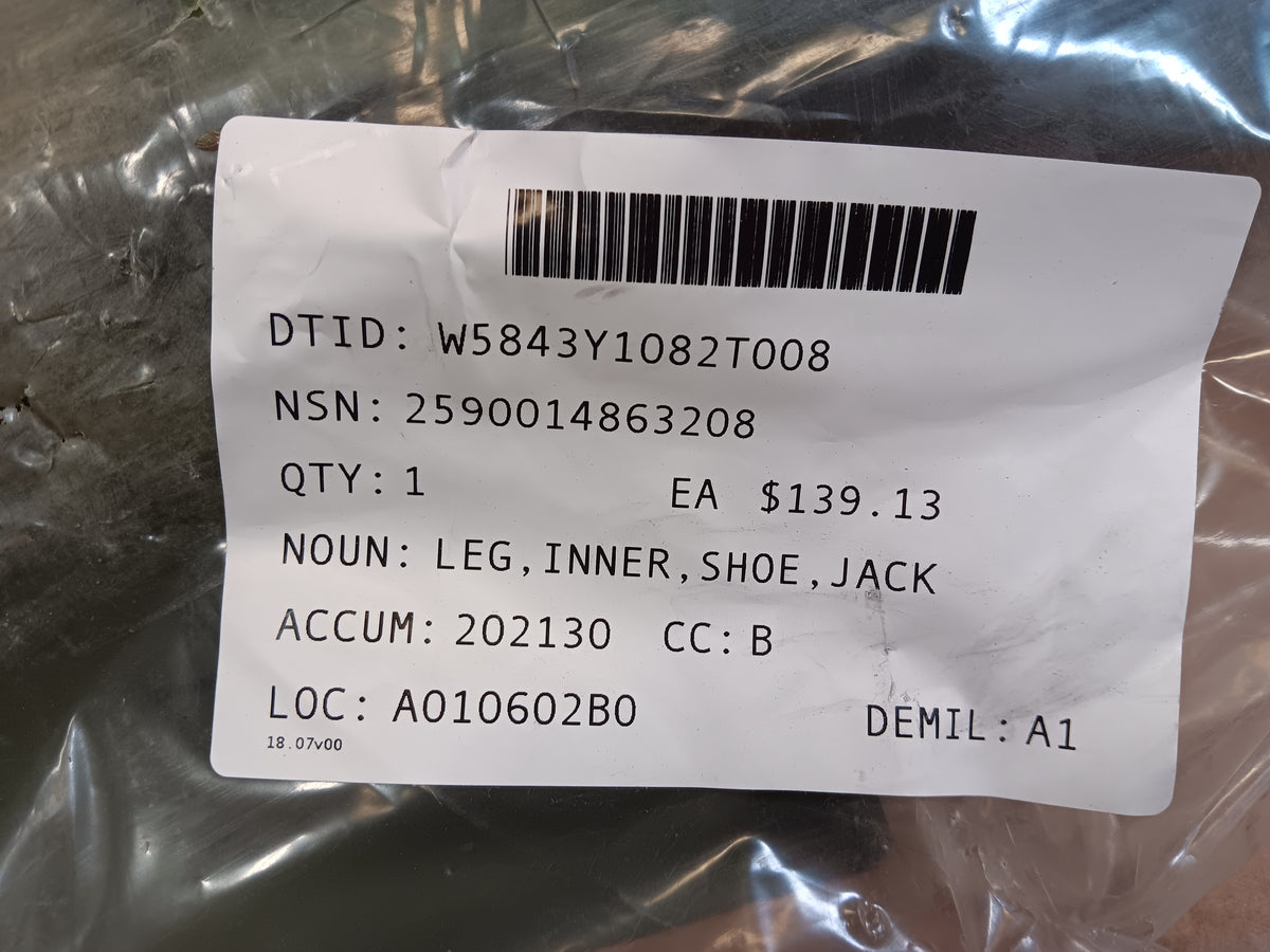U S Army Tank Automotive Command 12449591 Leg, Inner, Shoe, Jack - NSN 2590-01-486-3208 - inventory label