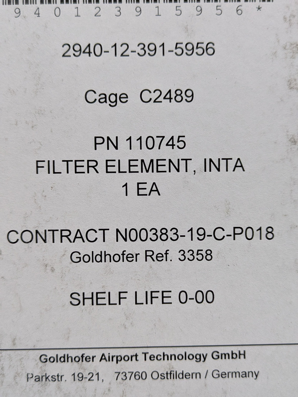 Fluid Filter - NSN 2940-12-391-5956 - inventory label