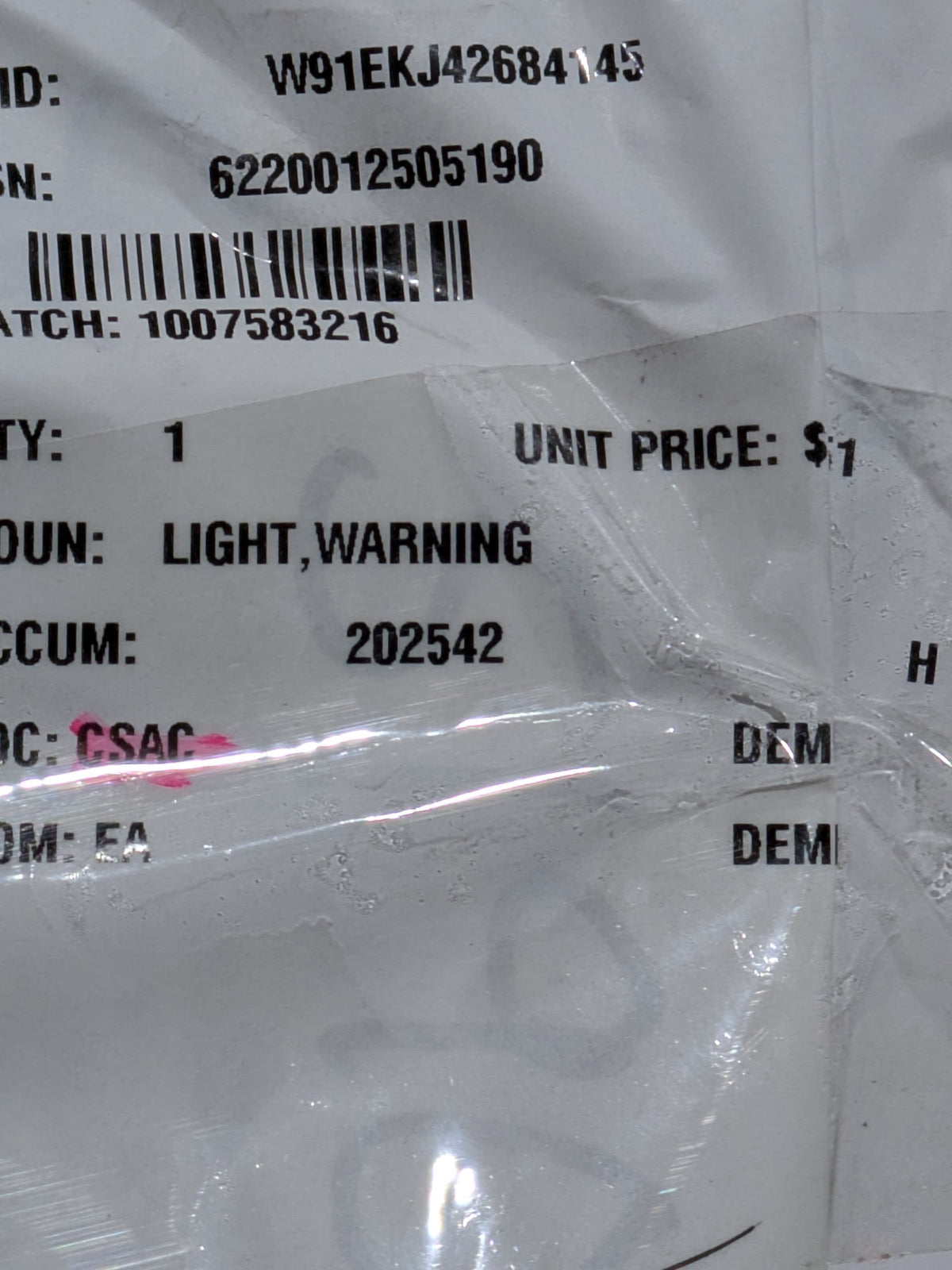TVH Parts Co. SY120000-A Warning Light - NSN 6220-01-250-5190 - inventory label