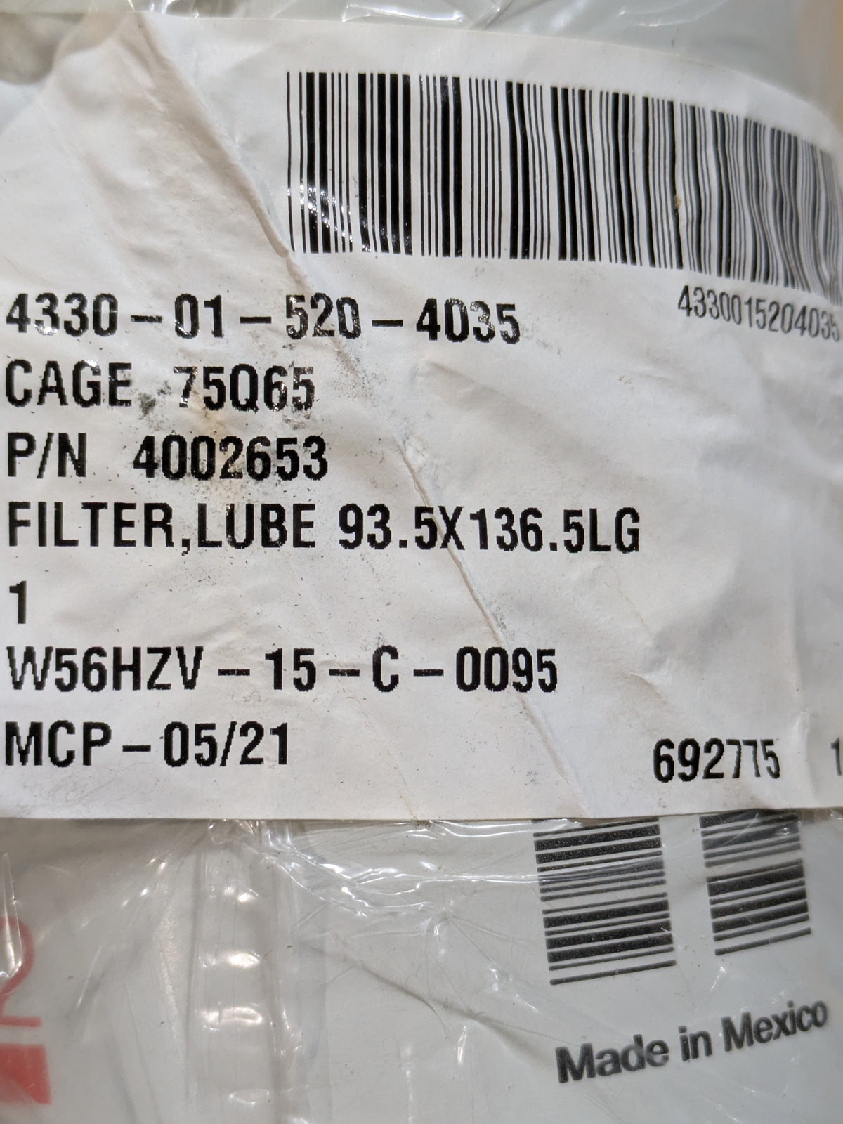 Cummins Filtration Inc. LF16102 Filter Element, Fluid - NSN 4330-01-520-4035 - inventory label
