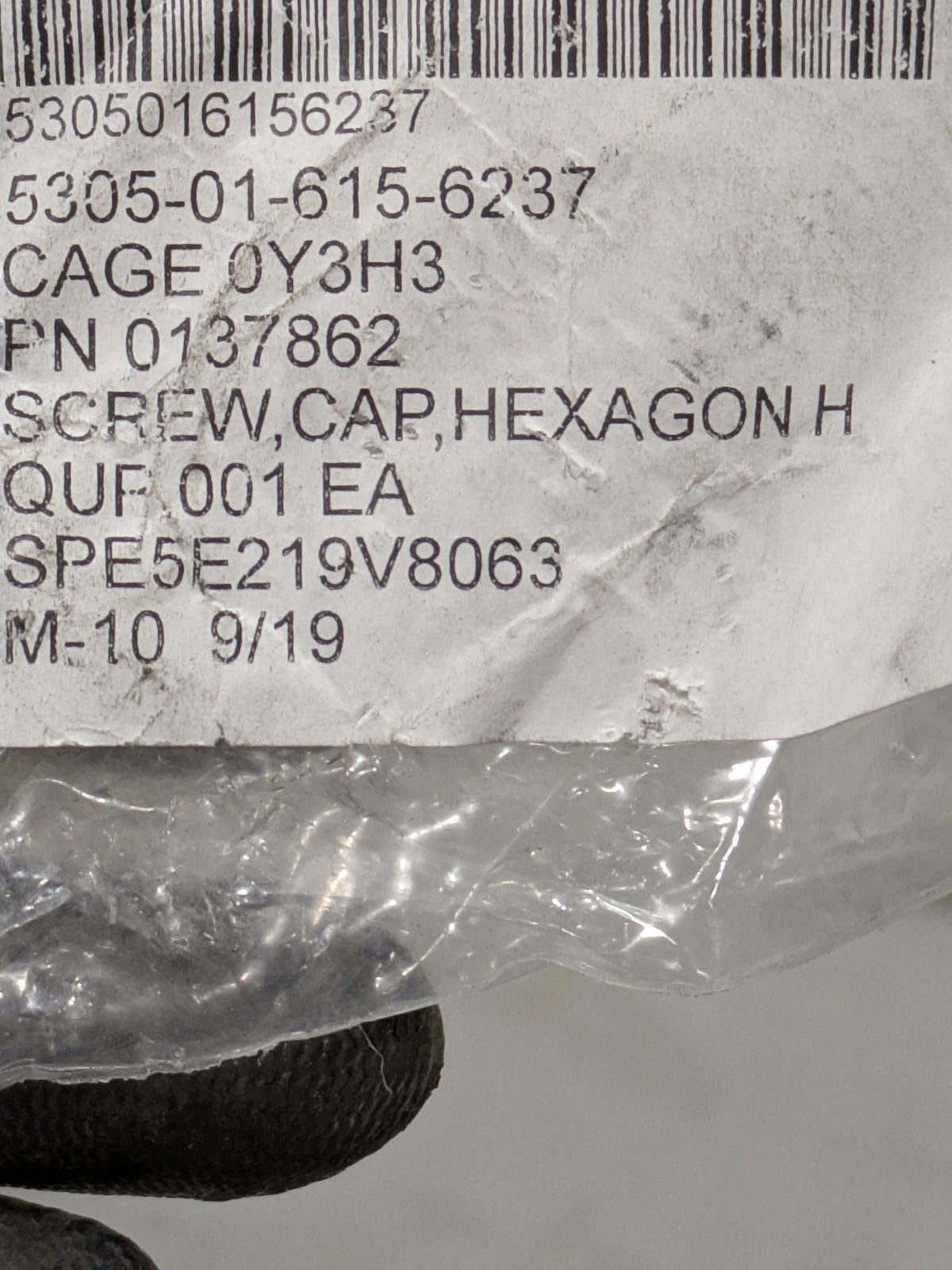 Fastenal Company 0137862 Hexagon Head Cap Screw - NSN 5305-01-615-6237 - inventory label