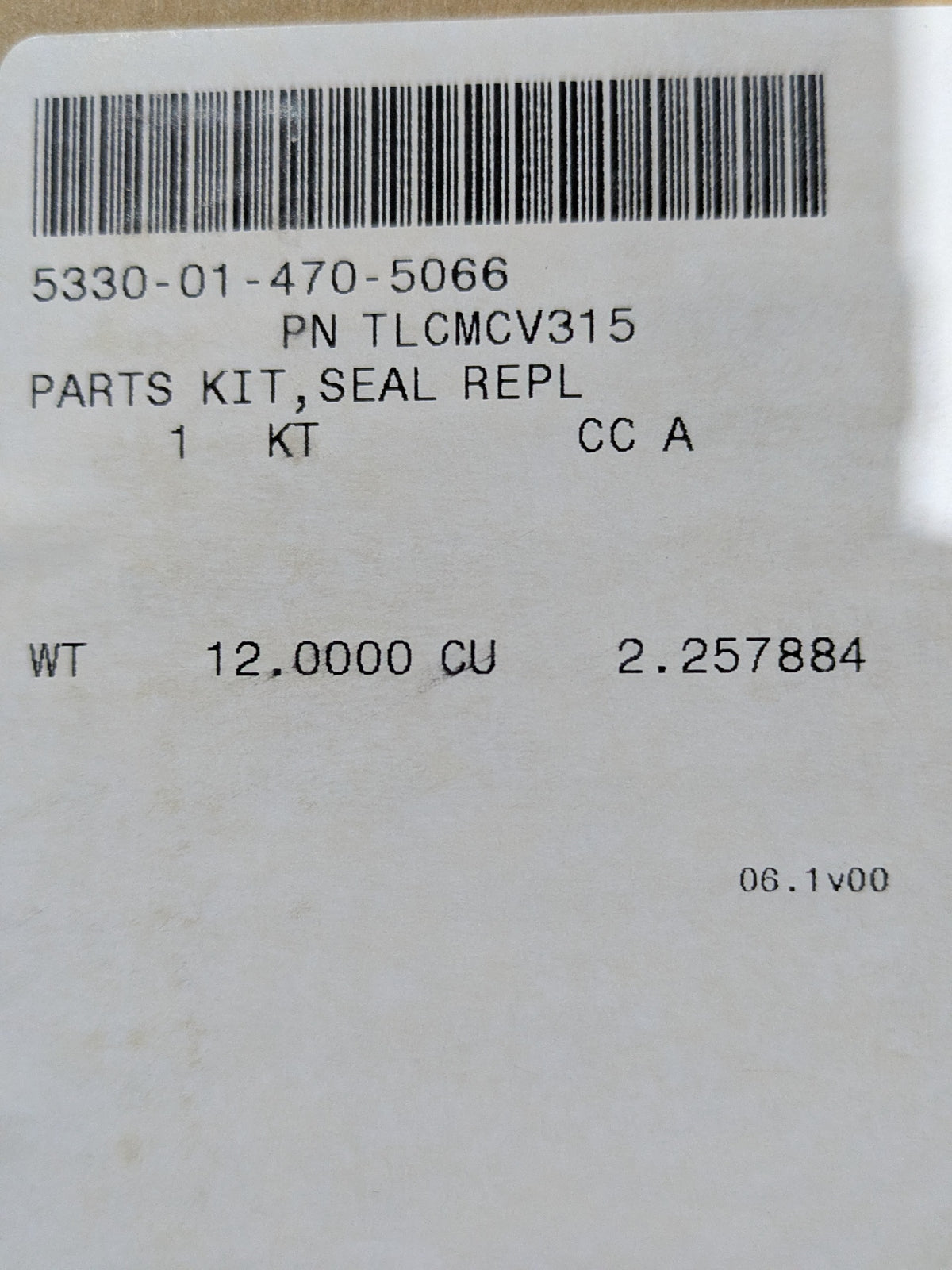 Pattonair USA TLCMCV315 Parts Kit, Seal Replacement - NSN 5330-01-470-5066 - inventory label