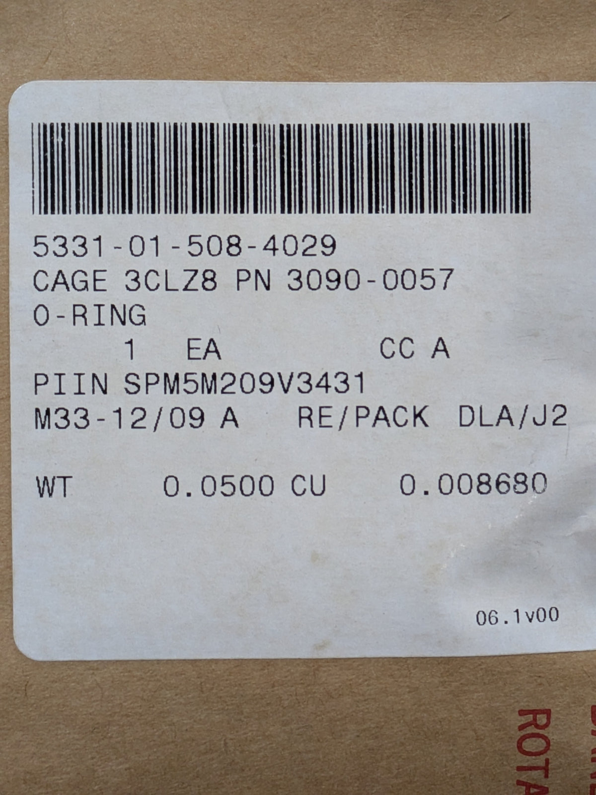 Victor Equipment Co 0390-0057 O-Ring - NSN 5331-01-508-4029 - inventory label