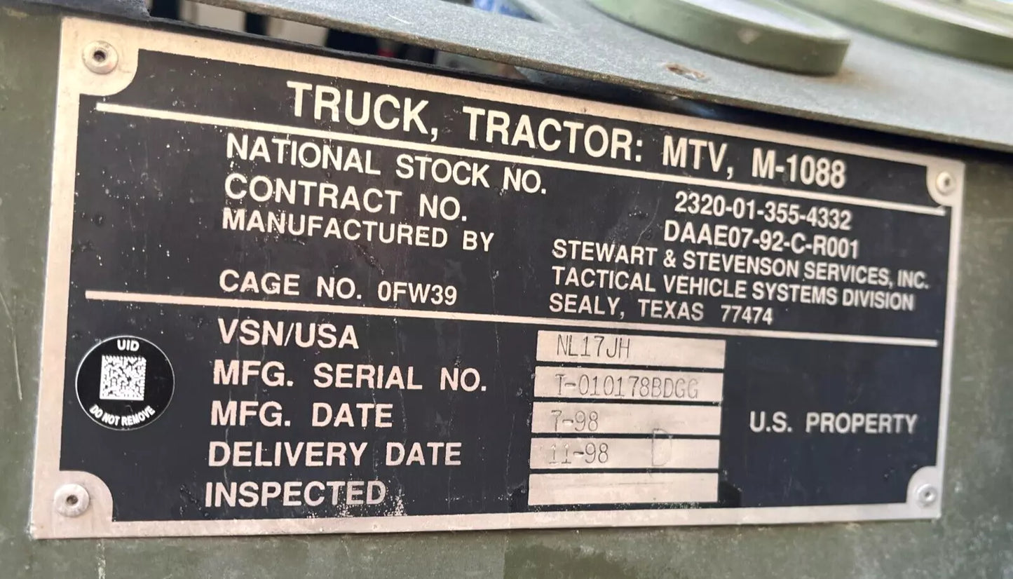 1998 M-1088 MTV STEWART AND STEVENSON TRACTOR TRUCK WITH 9,312 MILES FOR SALE