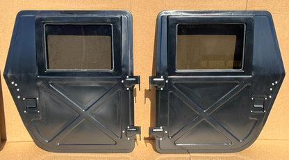 NEW BLACK METAL HMMWV HUMVEE DRIVER AND PASSENGER REAR DOOR LH & RH X DOOR SET 2510-01-257-3904 / 2510-01-254-1501