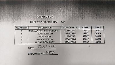 M998 HMMWV Humvee 2 MAN CARGO SOFT TOP KIT TAN 4 BOWS AND TOP 12340744